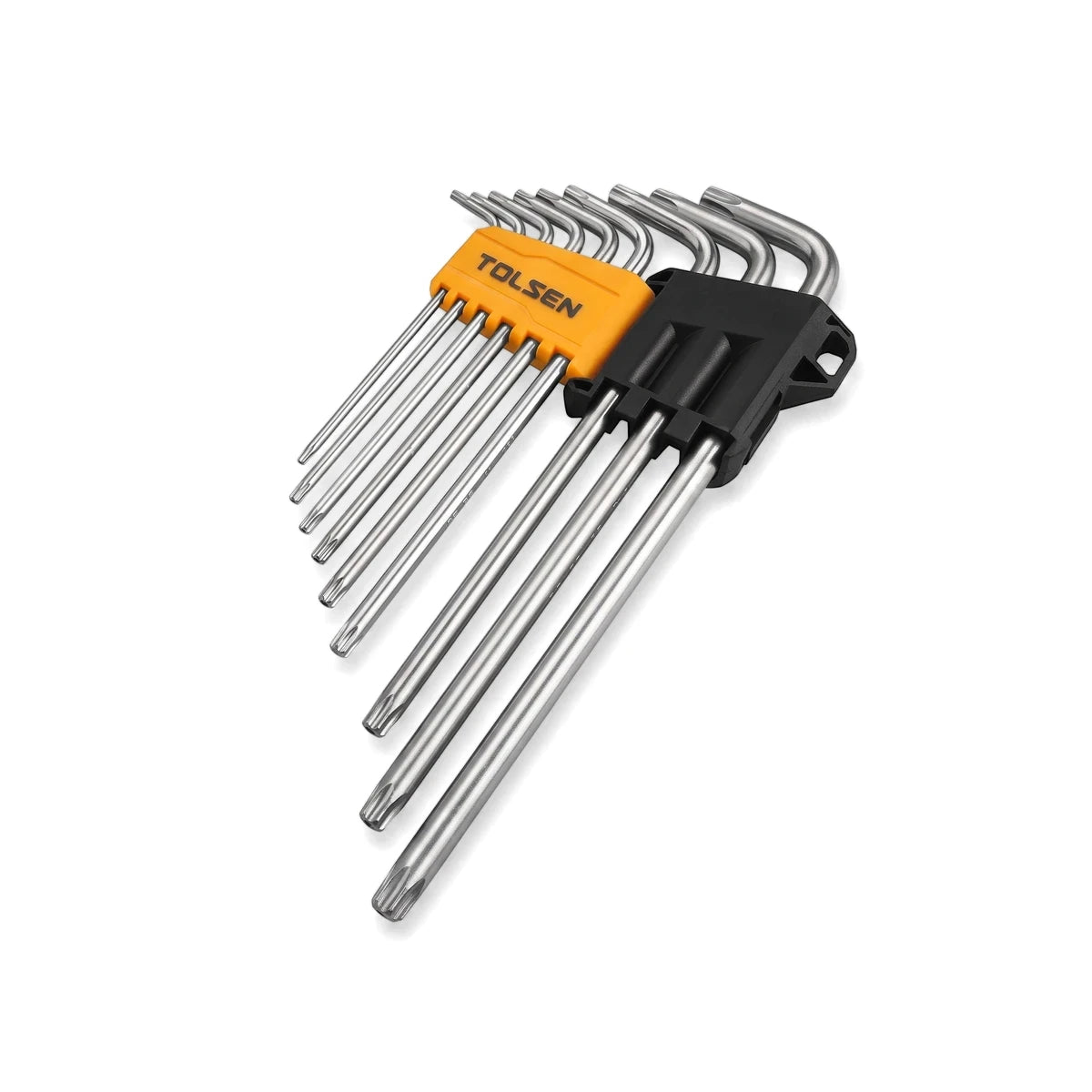 Tolsen 9-piece extra long Torx Allen key set featuring silver metallic keys in orange and black plastic holders.