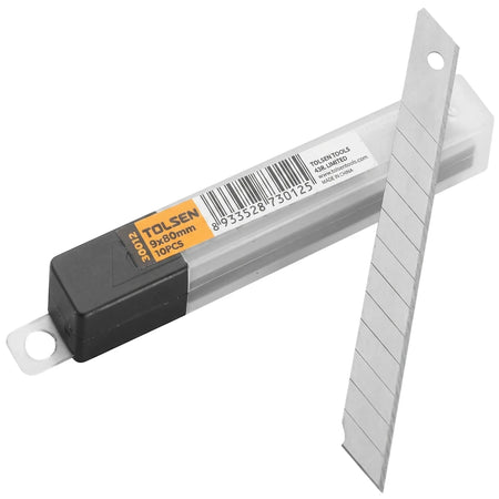 Tolsen 9mm snap-off knife blades in a 10-pack blister, with one blade removed and leaning against the clear packaging.