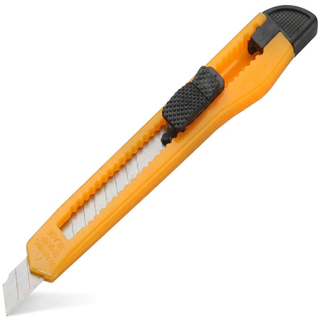 Tolsen 9mm snap-off utility knife with an orange ABS body and visible sharp segmented blade, shown diagonally.