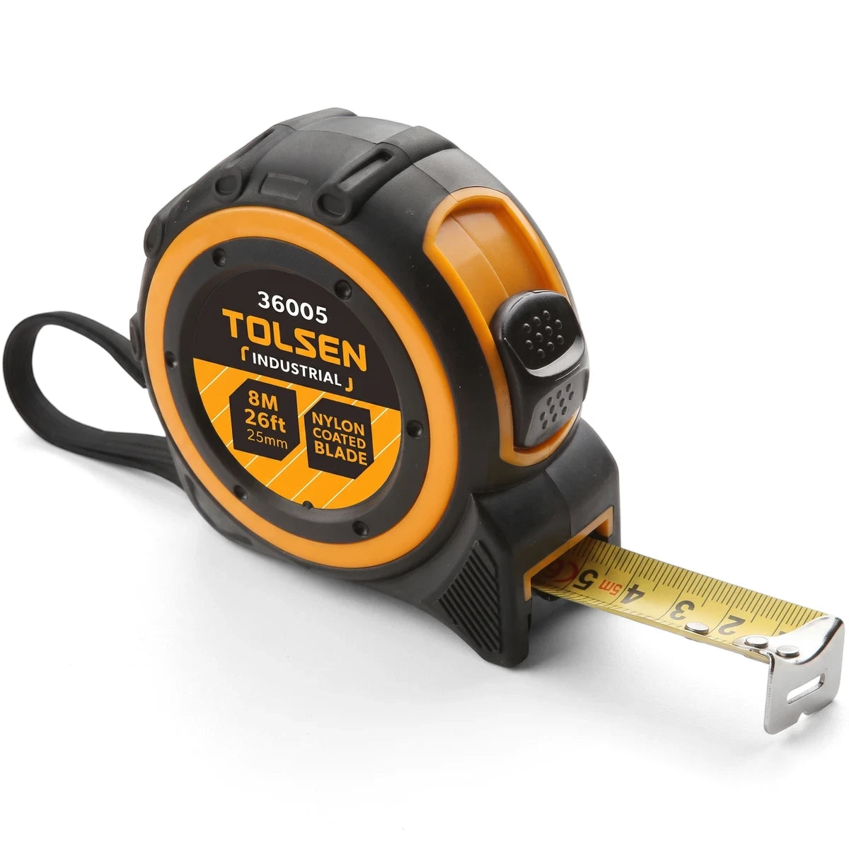 Black and orange Tolsen ABS industrial tape measure, 8m/26ft with a nylon coated blade, shown from an angled view.