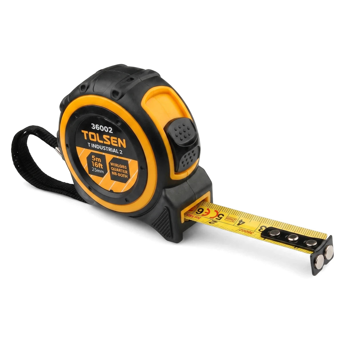 A black and yellow Tolsen ABS tape measure with its 5m x 25mm metric and inch scale extended to the right.
