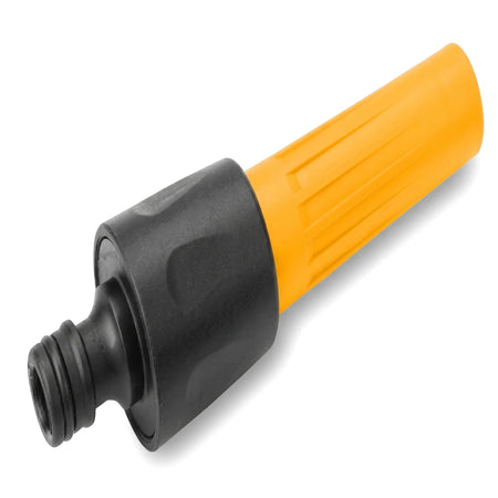 An orange and black Tolsen adjustable plastic garden hose nozzle with a ribbed body and threaded connector, shown from an