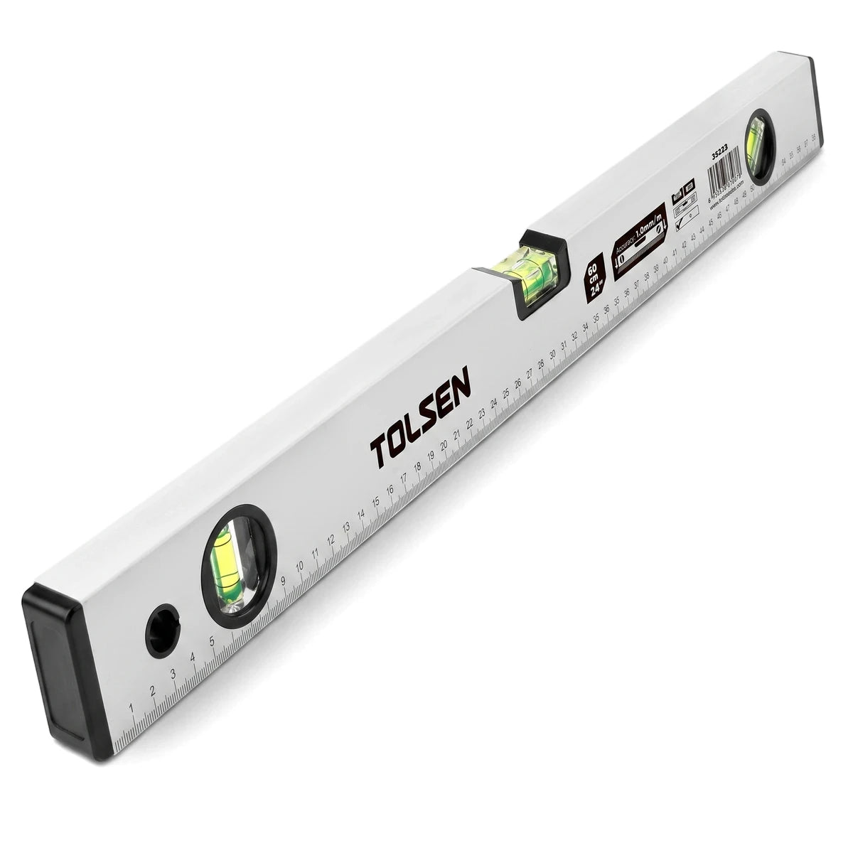 Silver Tolsen aluminium spirit level, 60cm (24 inch) with three vials, shown at an angle.