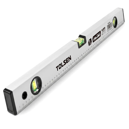 Silver Tolsen aluminium spirit level, 60cm (24 inch) with three vials, shown at an angle.