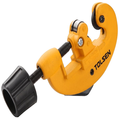 Handheld Tolsen aluminum body tube cutter with a yellow finish and black adjustment knob, designed for pipes 3-28mm.