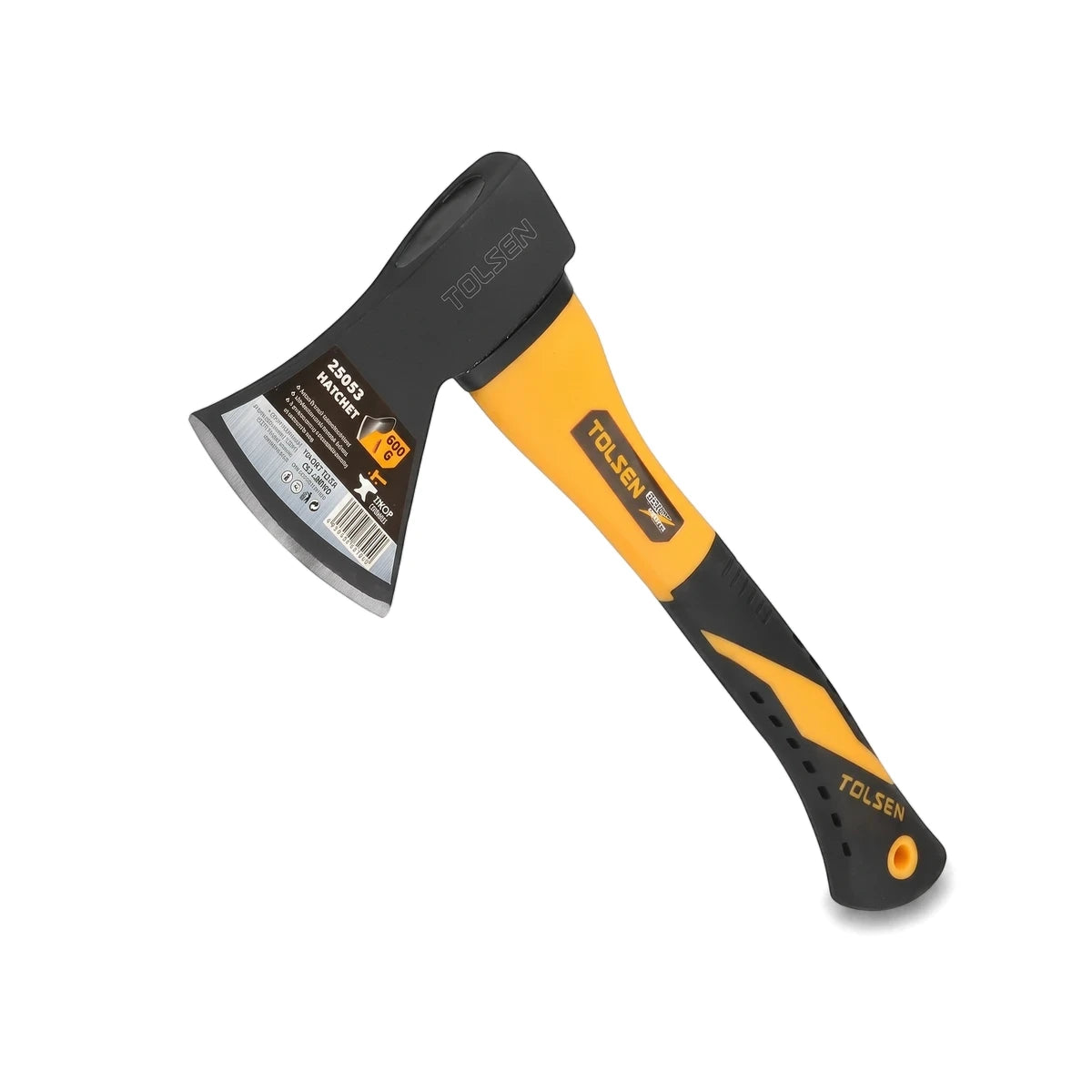 Tolsen axe with a black head and a yellow fiberglass handle, weighing 600g, positioned diagonally.