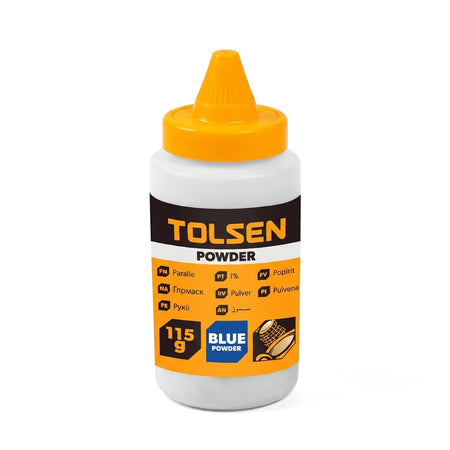 Tolsen blue chalk line powder refill bottle, 115g, with a yellow conical cap and a black, orange, and blue label.
