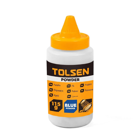 Tolsen blue chalk line powder refill bottle, 115g, with a yellow conical cap and a black, orange, and blue label.