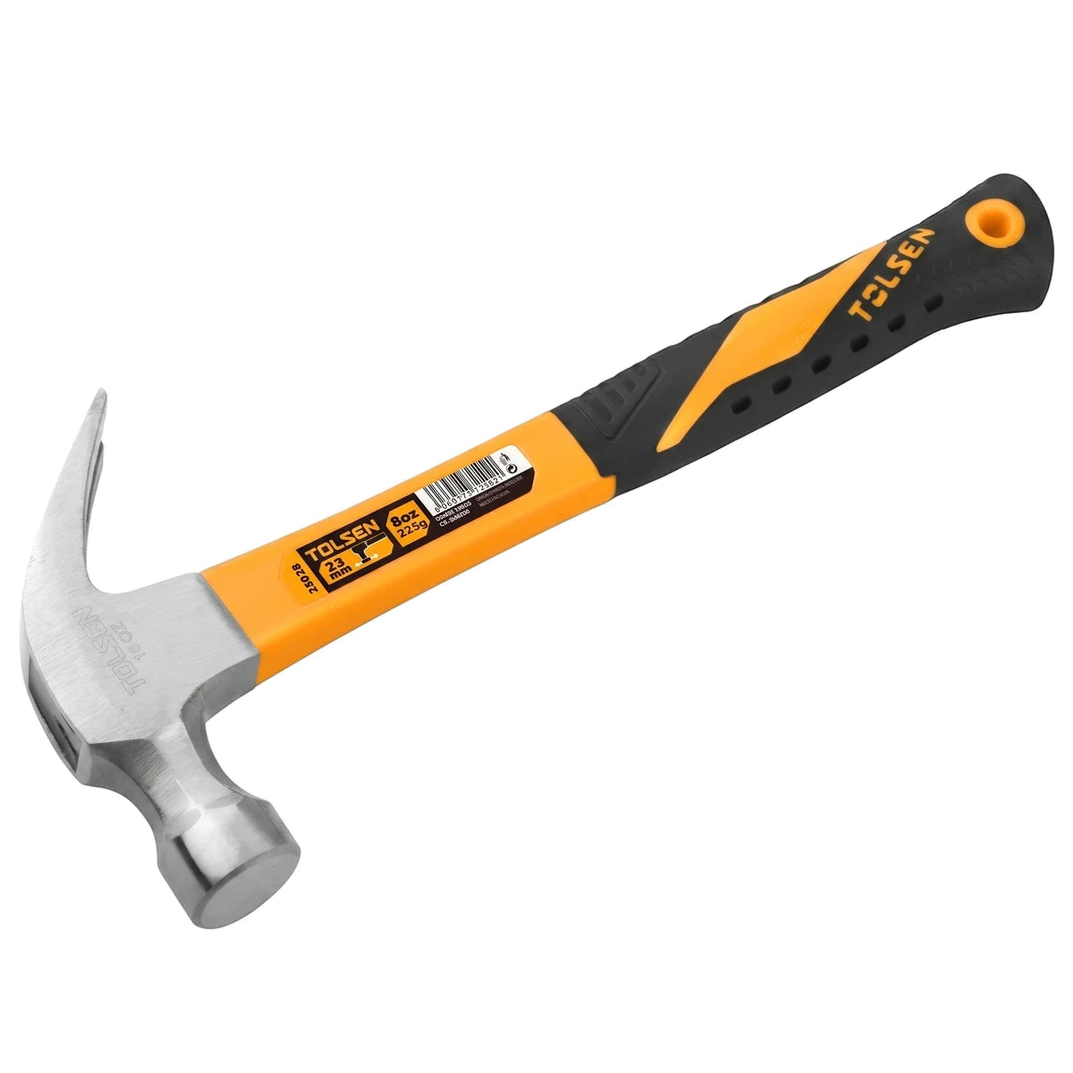 Tolsen claw hammer with a polished metallic head and a two-tone orange and black fiberglass handle, shown from an angled
