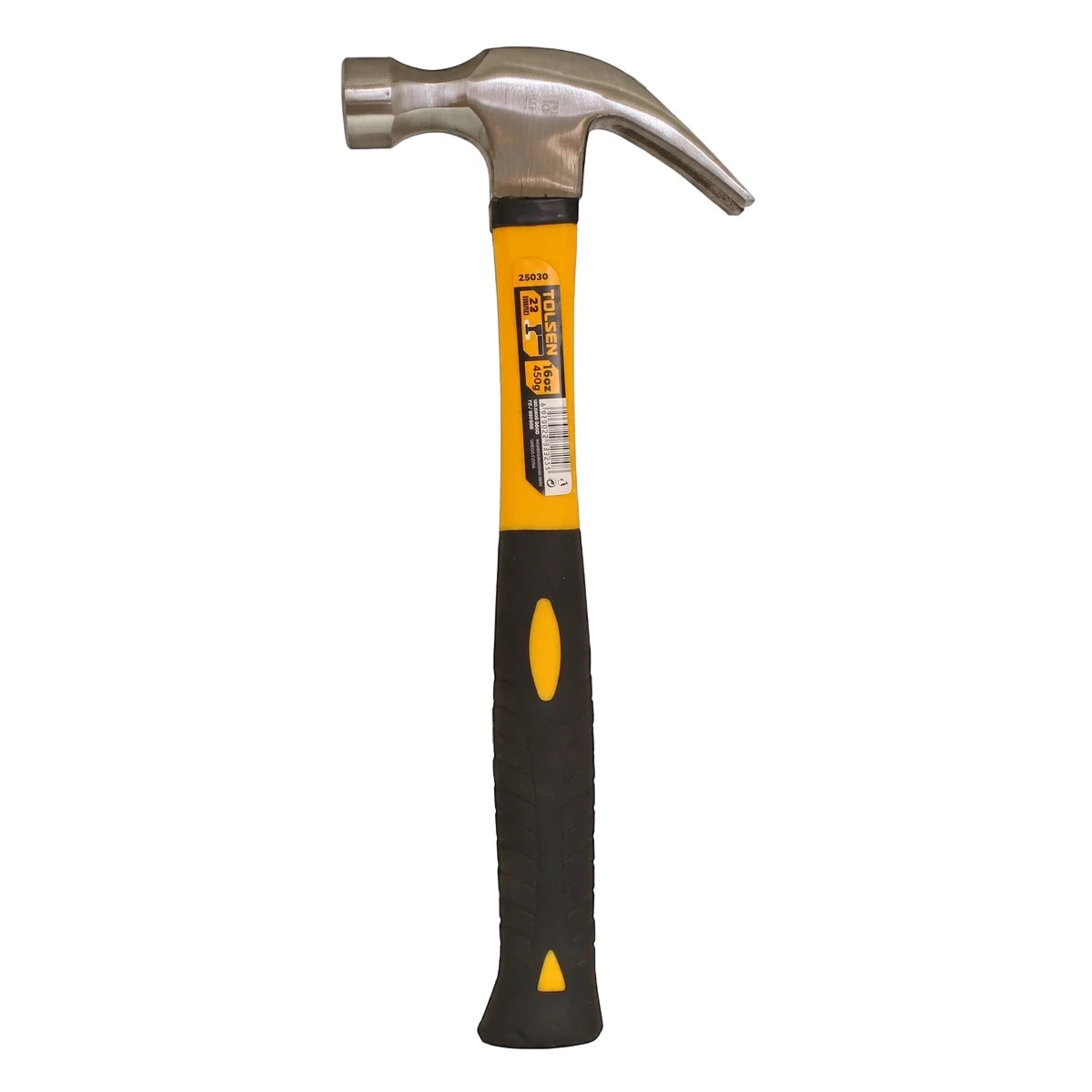 Tolsen claw hammer with a silver metal head and a yellow and black fiberglass handle, shown upright.