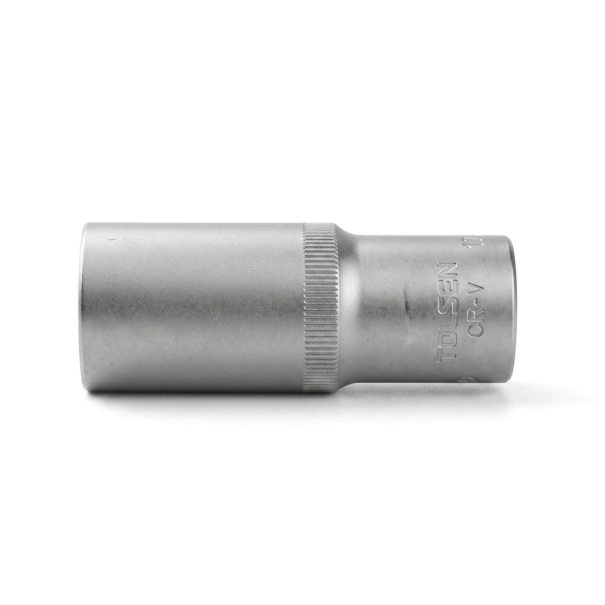 A single Tolsen CR-V 1/2-inch drive 10mm socket, made of metallic silver chrome vanadium steel, viewed from the side.
