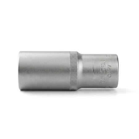 A single Tolsen CR-V 1/2-inch drive 10mm socket, made of metallic silver chrome vanadium steel, viewed from the side.