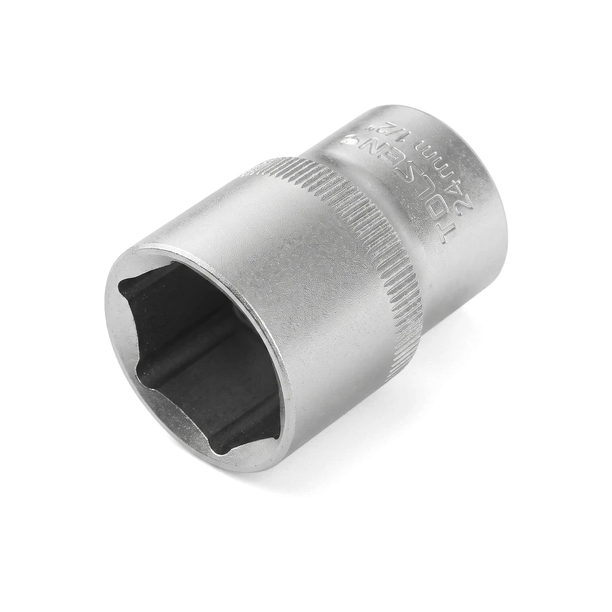 Silver Tolsen CR-V 24mm socket with 1/2-inch drive, a durable metallic hand tool for various fastening tasks.