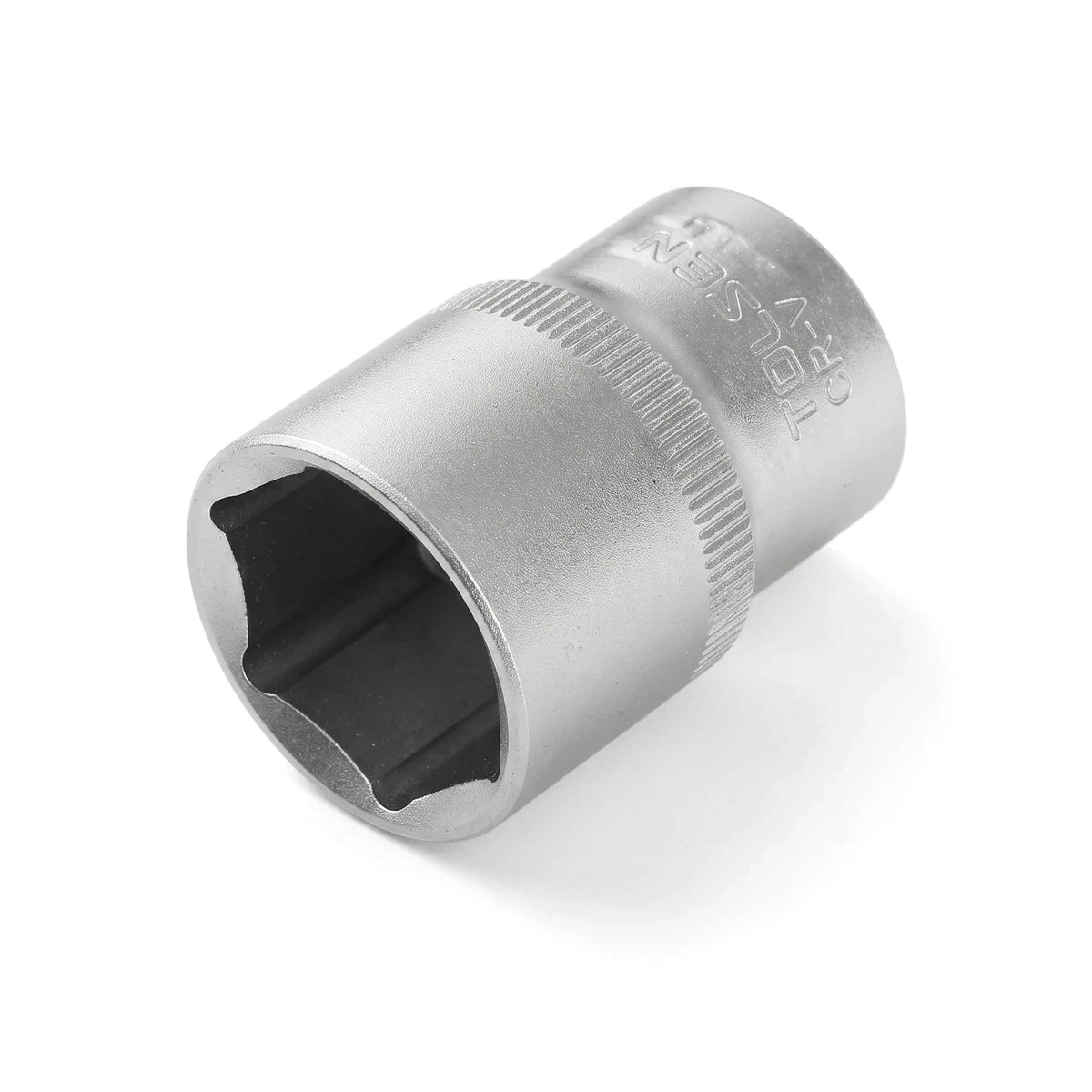 Silver Tolsen CR-V 1/2 inch drive 17mm socket made of durable chrome vanadium steel, viewed at an angle.