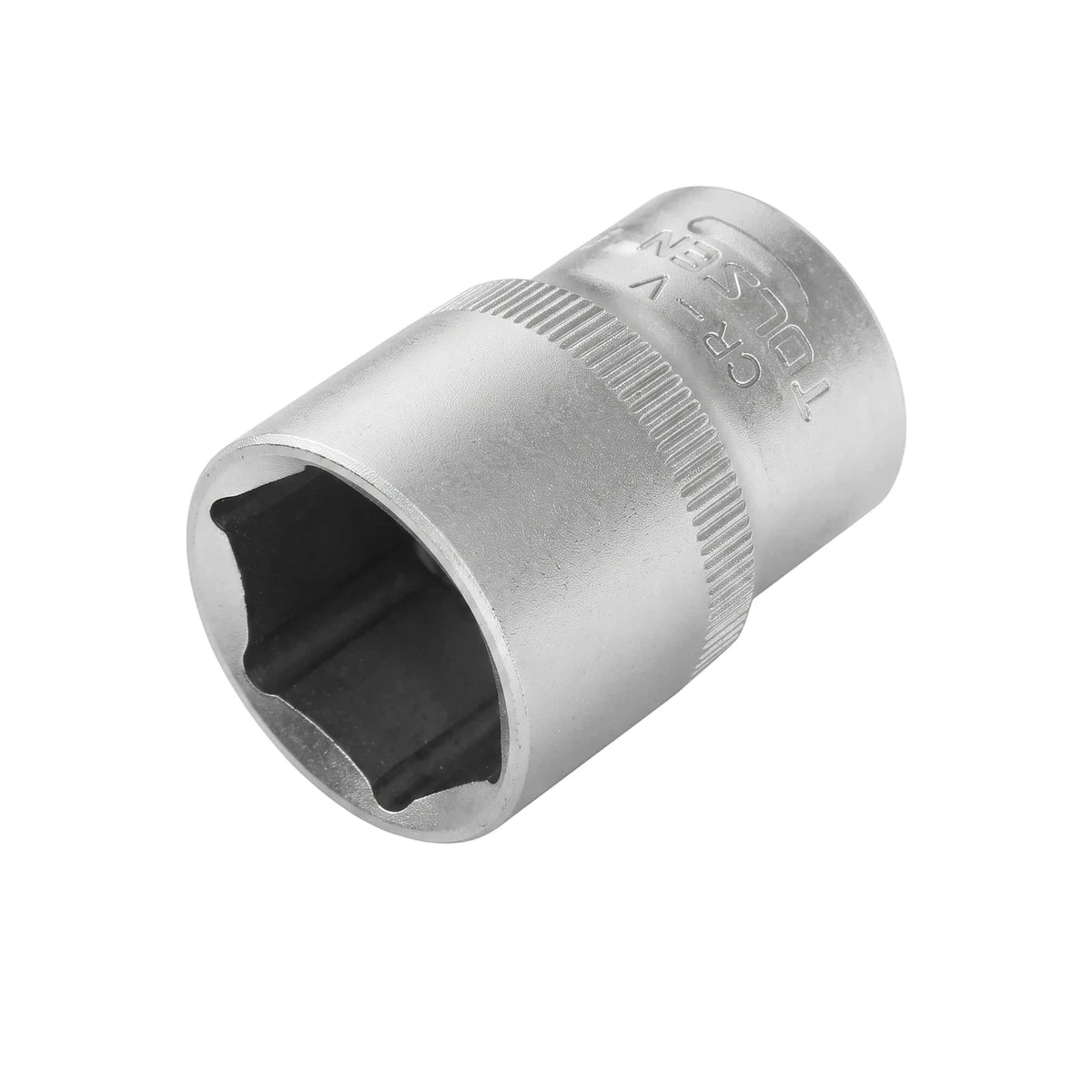 Silver Tolsen CR-V 1/2-inch drive 19mm socket, a durable chrome vanadium tool for wrench sets and automotive repairs.