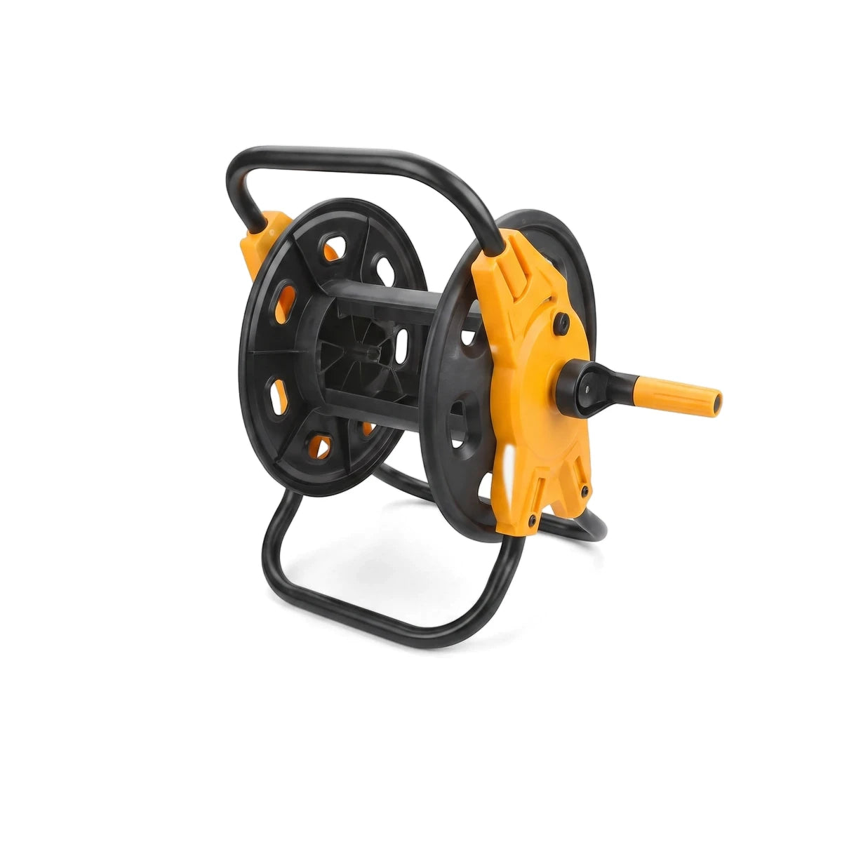 A black and yellow Tolsen empty garden hose reel, featuring a sturdy metal frame and a crank handle, designed for garden use.
