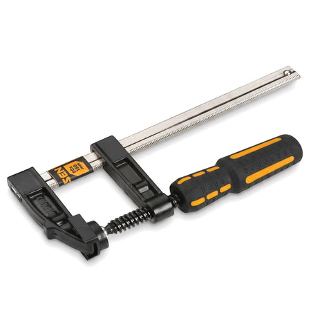 Tolsen F-Clamp 120 x 1000mm with steel bar, black clamp jaws, and black and yellow handle side view