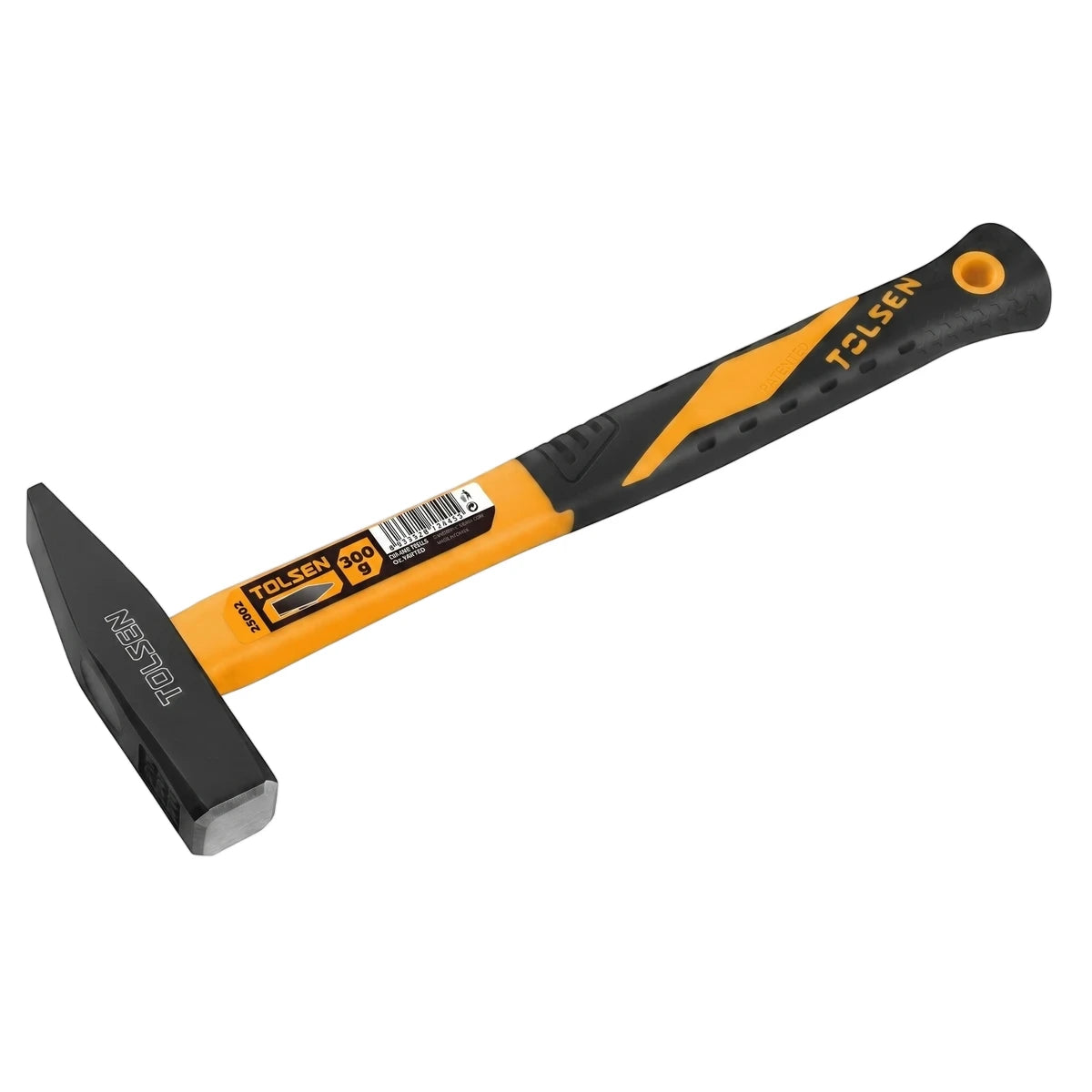 Black and yellow Tolsen fibreglass handle machinist hammer with a durable non-slip grip, ideal for striking and shaping.