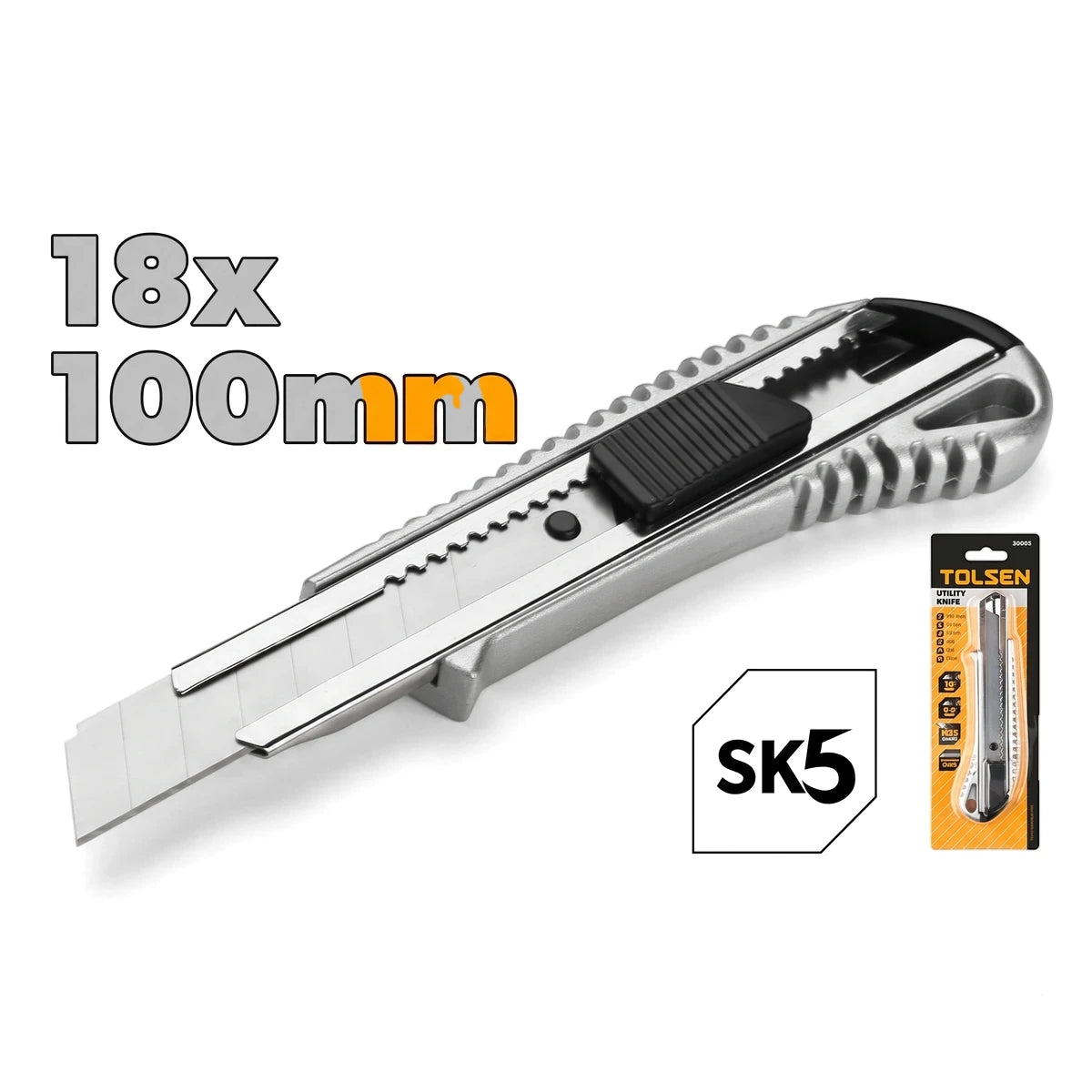 Tolsen fixed blade aluminum utility knife with an 18x100mm SK5 blade and a silver body, displayed on a white background.