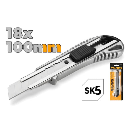 Tolsen fixed blade aluminum utility knife with an 18x100mm SK5 blade and a silver body, displayed on a white background.
