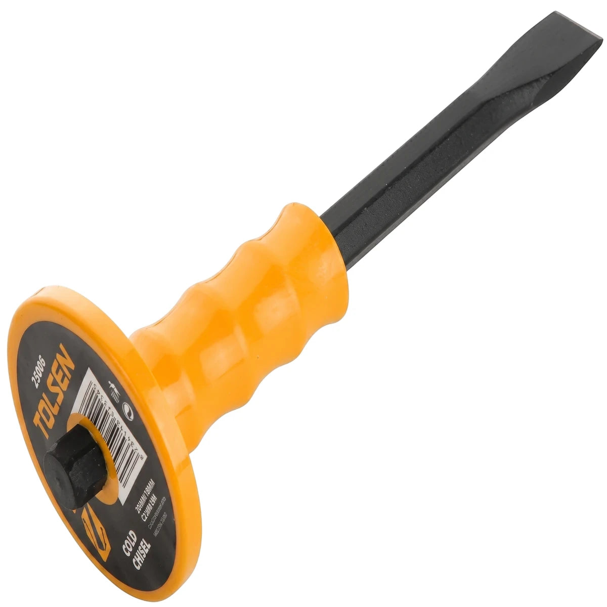 Tolsen flat cold chisel with a yellow PVC grip, large circular plate, and black blade, shown angled on a white background.