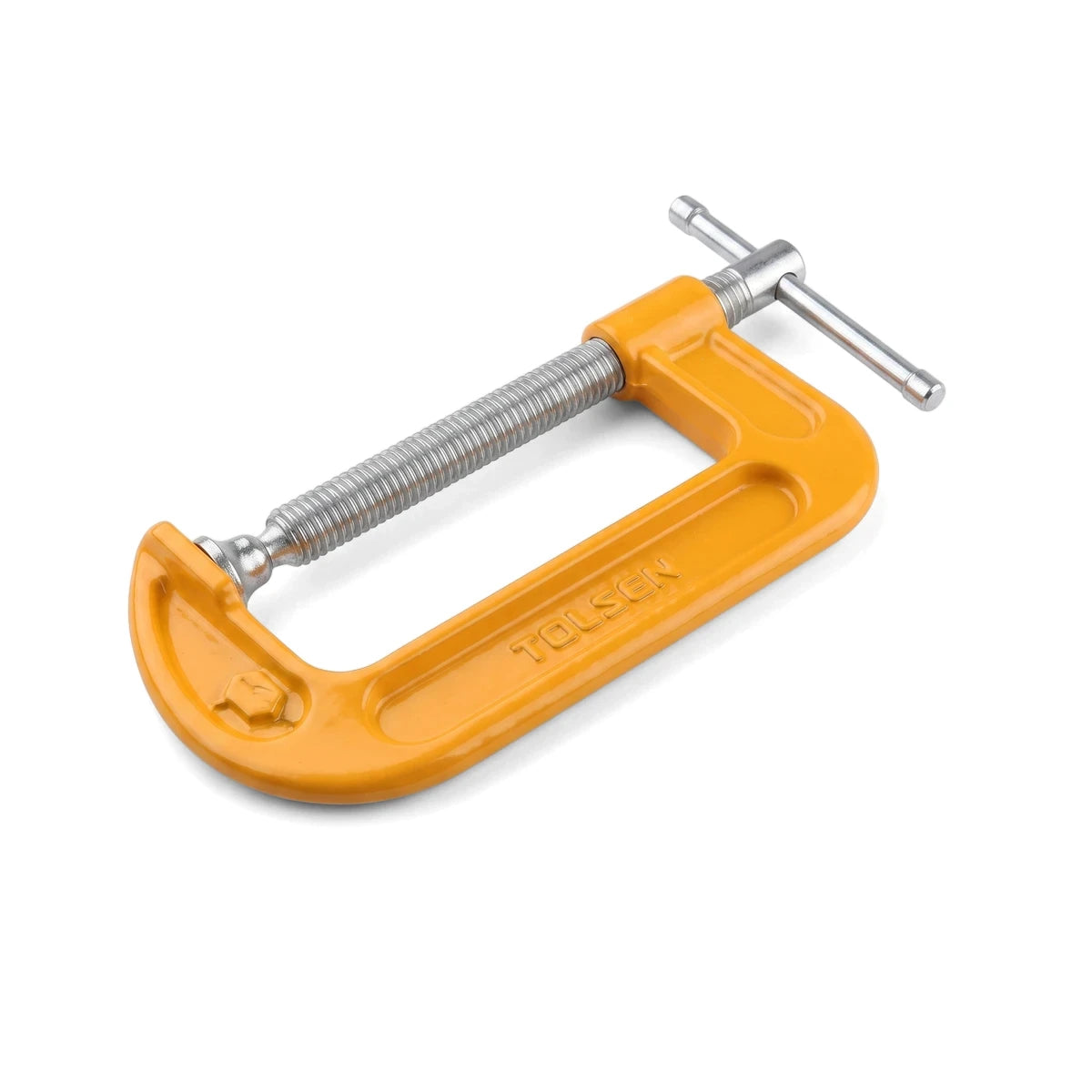 Orange and silver Tolsen G-Clamp, 150mm, a woodworking tool used for holding materials together, shown at a slight angle on