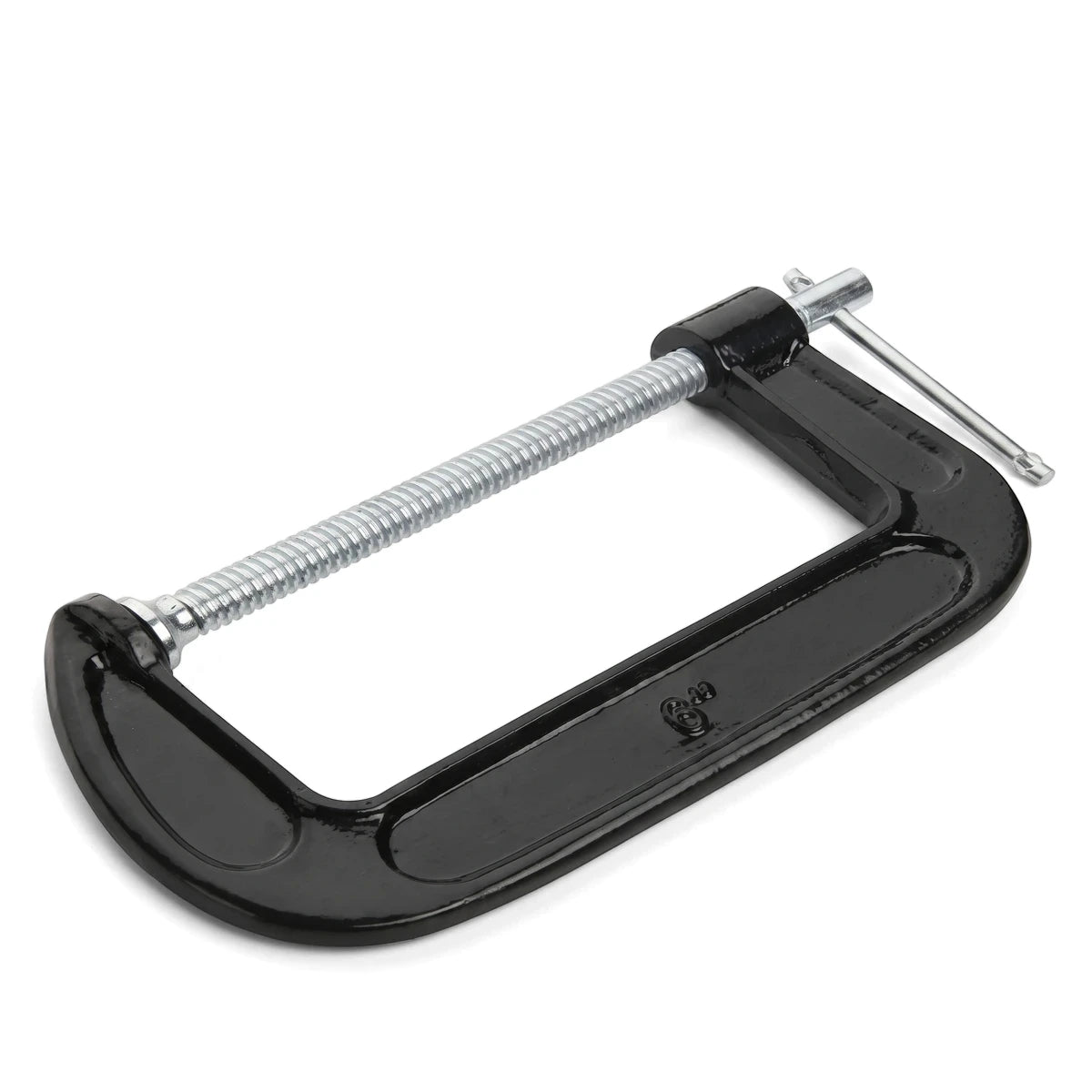 Tolsen G-Clamp 200mm, a black metal woodworking tool with a silver threaded rod, positioned diagonally.
