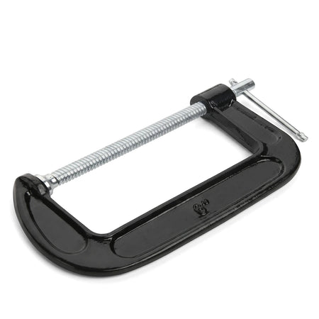 Tolsen G-Clamp 200mm, a black metal woodworking tool with a silver threaded rod, positioned diagonally.