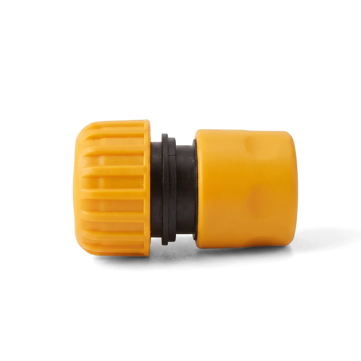Yellow and black Tolsen Garden Hose Connector with Water Stop, 3/4 inch, shown horizontally on a white background.