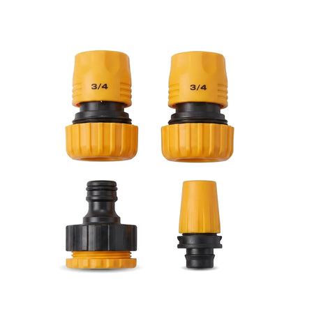 Four yellow and black Tolsen 3/4 inch garden hose fittings set, including two connectors and two tap adapters, on a white
