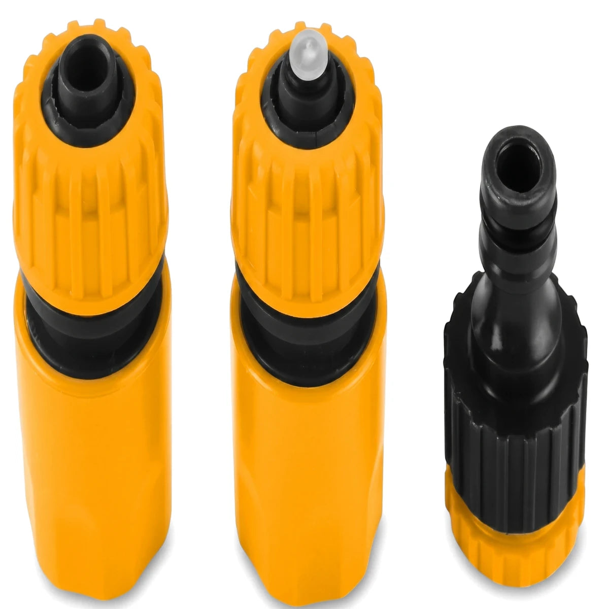Three yellow and black Tolsen 1/2-inch garden hose fittings shown in a set of three for watering and irrigation connections.