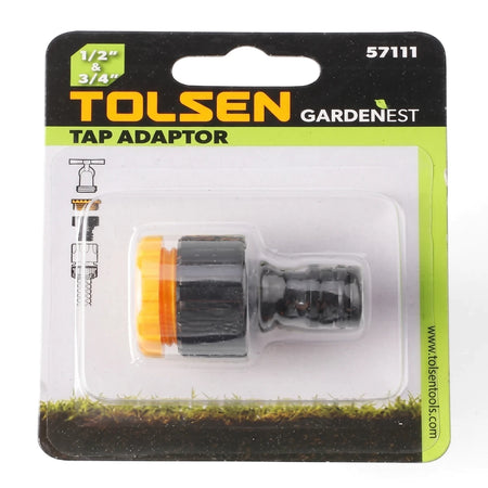 Tolsen Garden Tap Adaptor for 1/2" and 3/4" hoses, featuring a black and orange connector in blister packaging.