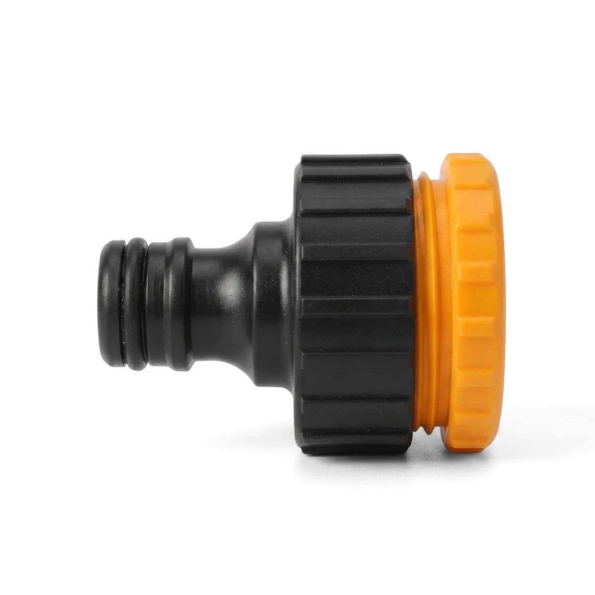 Tolsen garden tap adaptor in black plastic with yellow collar, side view, fits 3/4 inch and 1 inch taps.