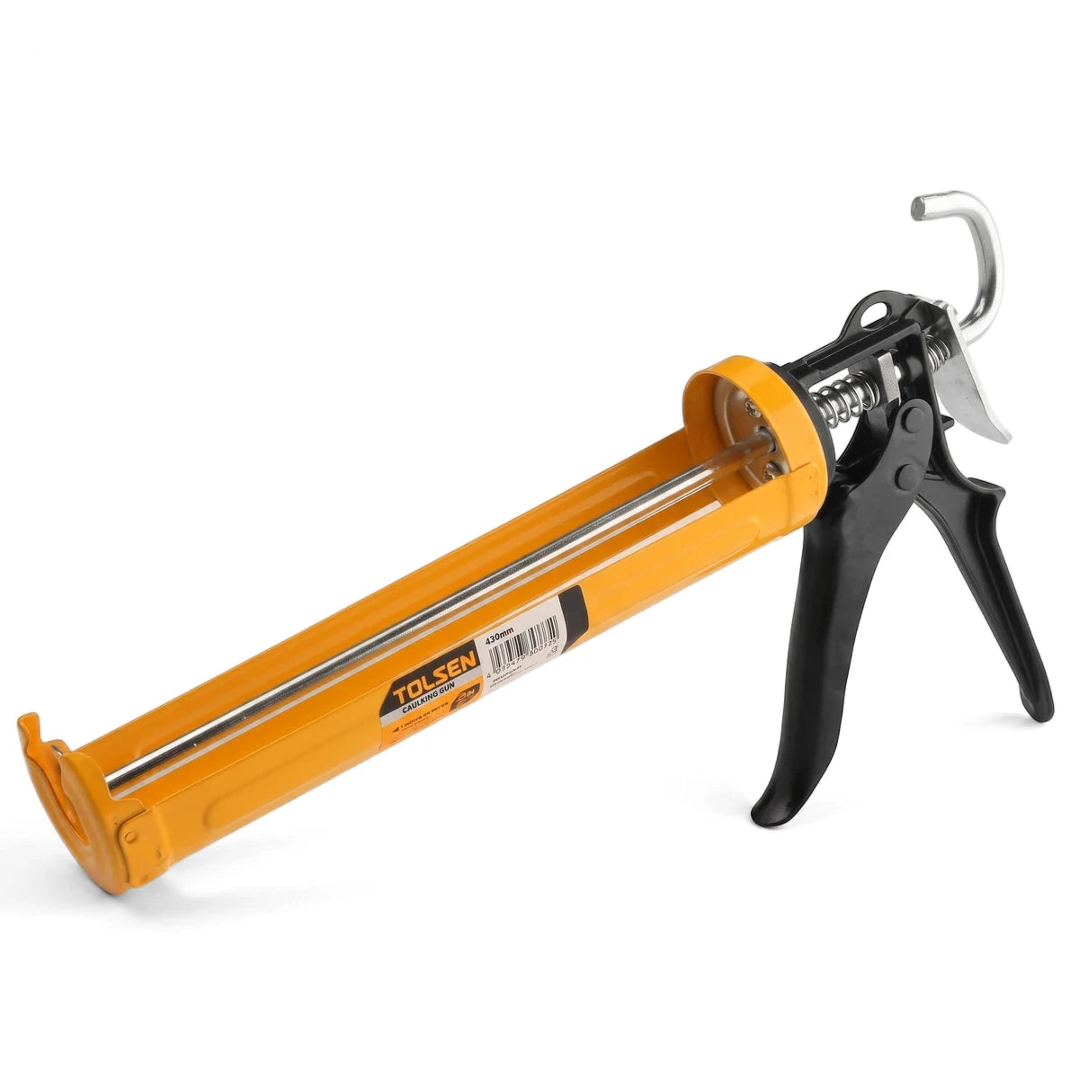 Tolsen Half Barrel Aluminum Caulking Gun, yellow and black, shown from an elevated angle. Durable metal tool for applying