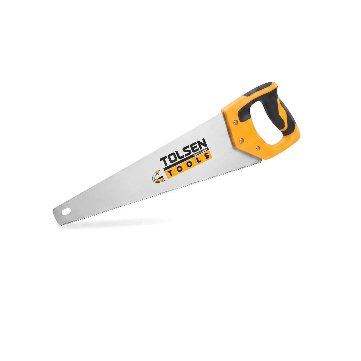 Tolsen Hand Saw with TPR Handle, silver blade and yellow-black grip, shown angled on a white background.
