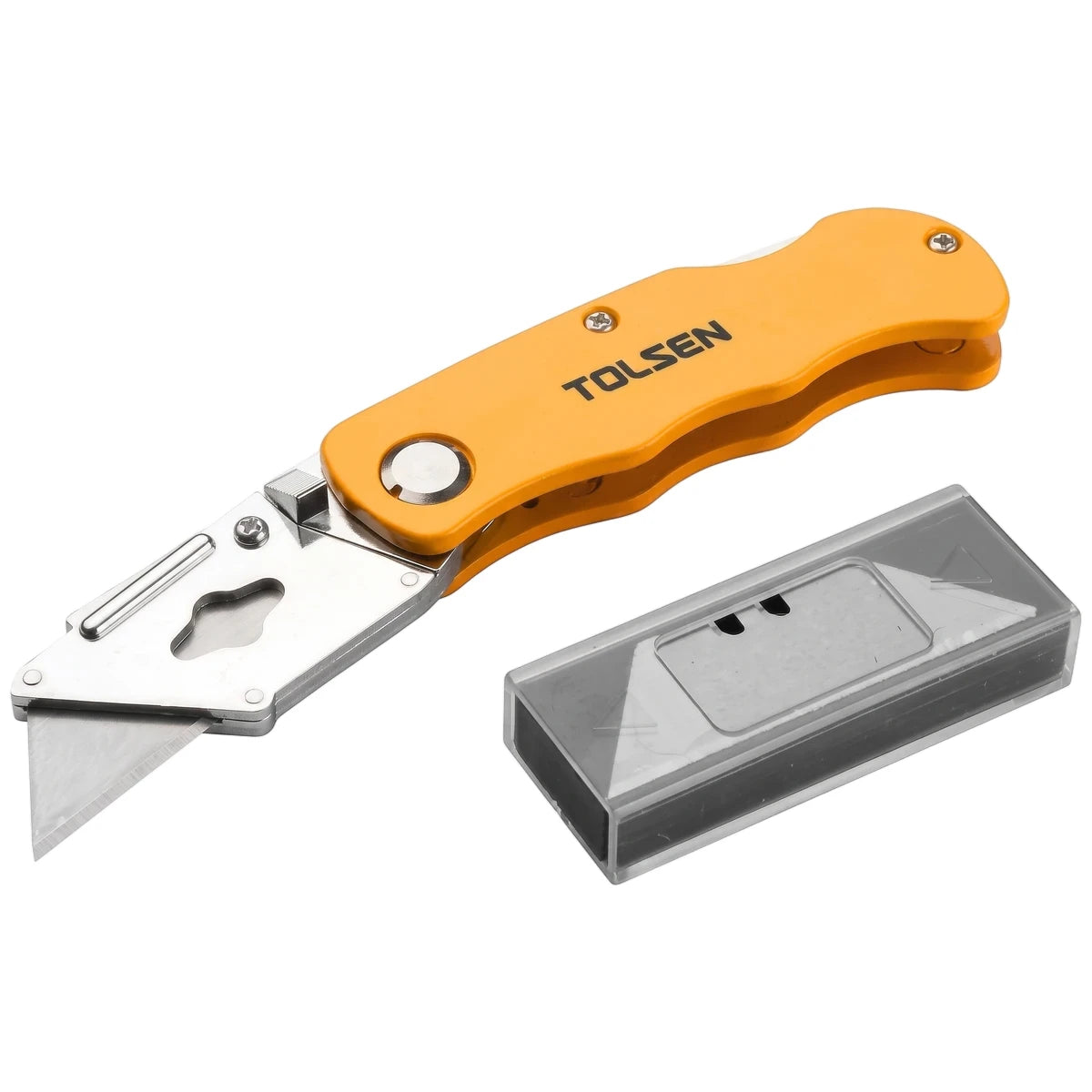 Yellow Tolsen heavy-duty folding utility knife with a silver blade and an additional clear blade dispenser.