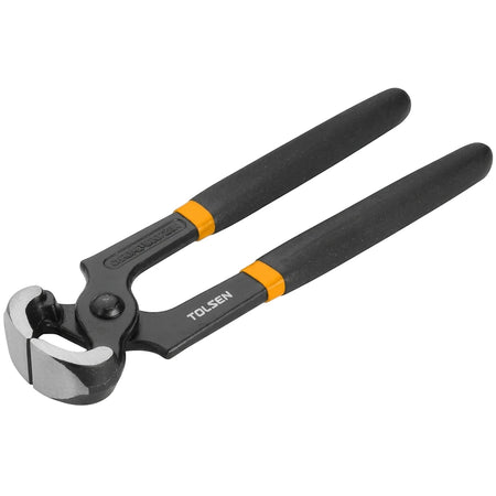 A Tolsen 200mm industrial carpenters pincers with black and orange handles, displayed diagonally on a white background.