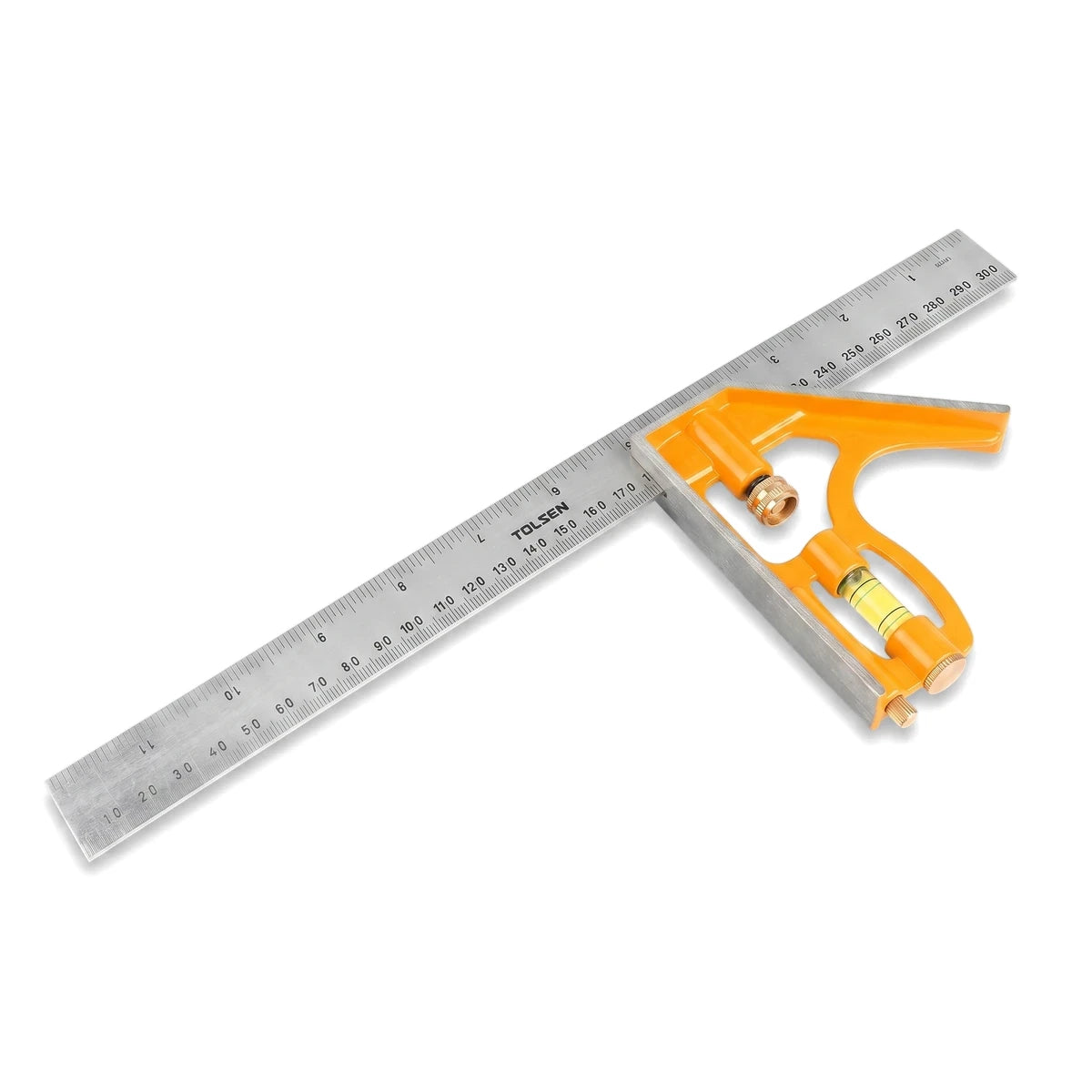 A Tolsen Industrial Combination Square, with a 300mm stainless steel blade and orange body, shown at an angle for accurate