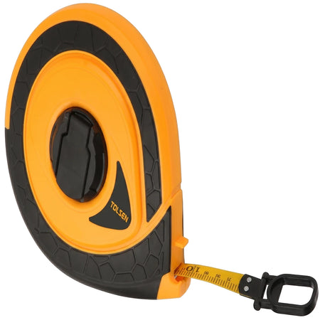 Orange and black Tolsen Industrial Fiberglass Tape Measure, 20m x 15mm, with the yellow tape partially extended.
