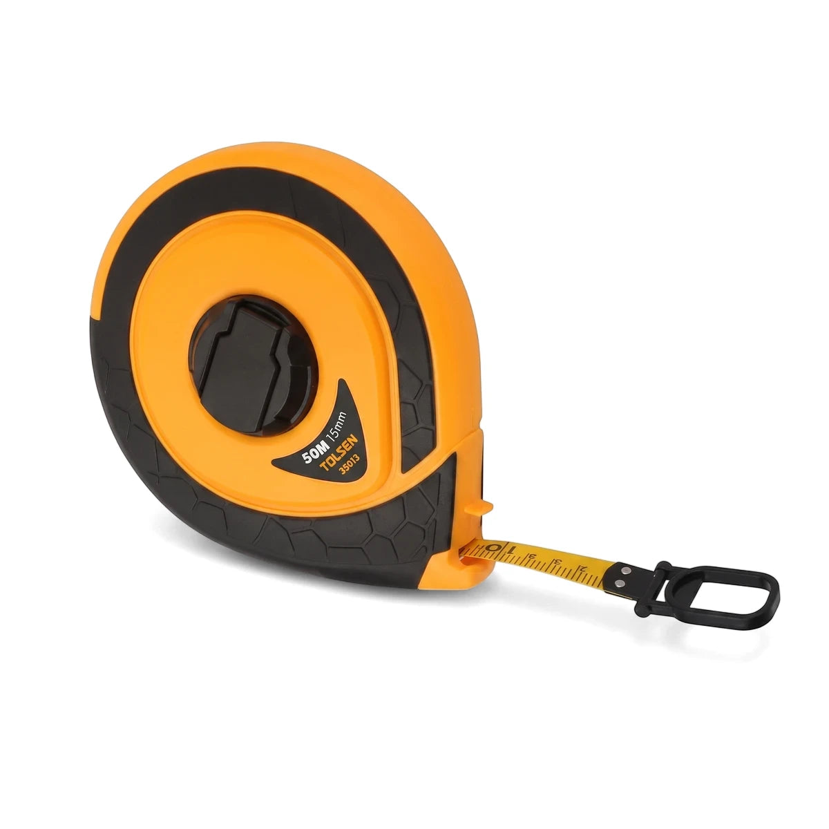Orange and black Tolsen Industrial Fiberglass Tape Measure, 50m x 15mm, showing the full length with yellow tape extended