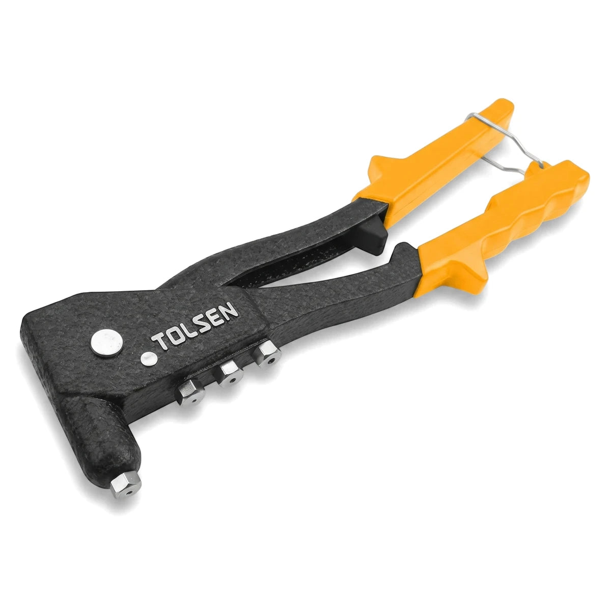 A black and yellow Tolsen Industrial Hand Riveter, 260mm, positioned diagonally on a white background, highlighting its