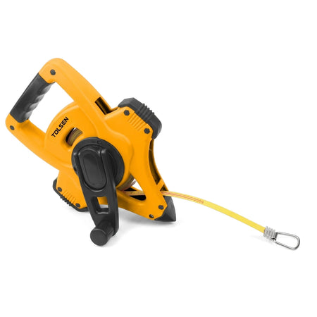 Yellow and black Tolsen Industrial Open Frame Steel Tape Measure, 50m, for accurate measurement.