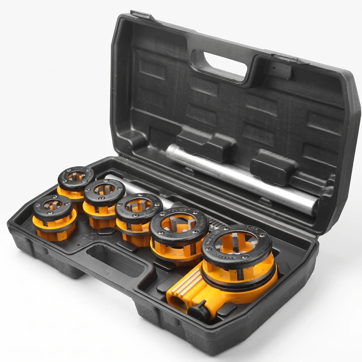 Tolsen Industrial Pipe Threading Set, 9-piece, with yellow and black threading dies and a silver handle, displayed in an