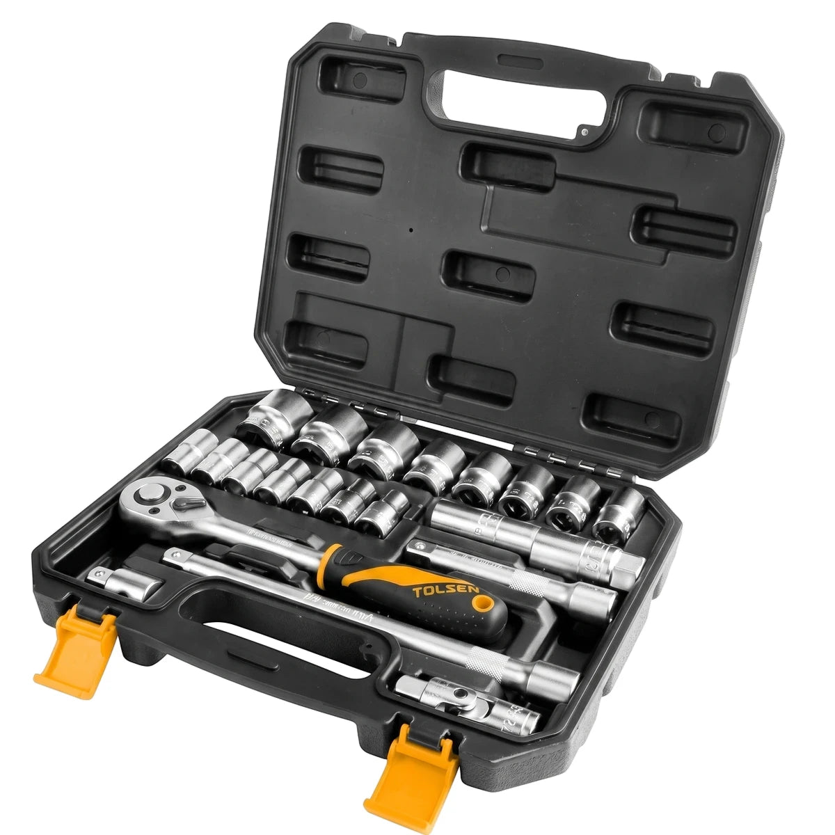 Tolsen Industrial Socket Set (10-32mm) 1/2" drive, 22 piece, neatly arranged in an open black plastic case.