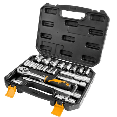 Tolsen Industrial Socket Set (10-32mm) 1/2" drive, 22 piece, neatly arranged in an open black plastic case.