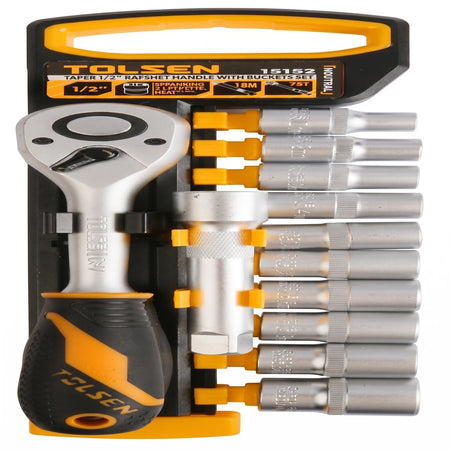 Tolsen Industrial Socket Set with Hanger, 12 pieces. Includes a 1/2" drive ratchet, extension bar, and 10-22mm sockets.