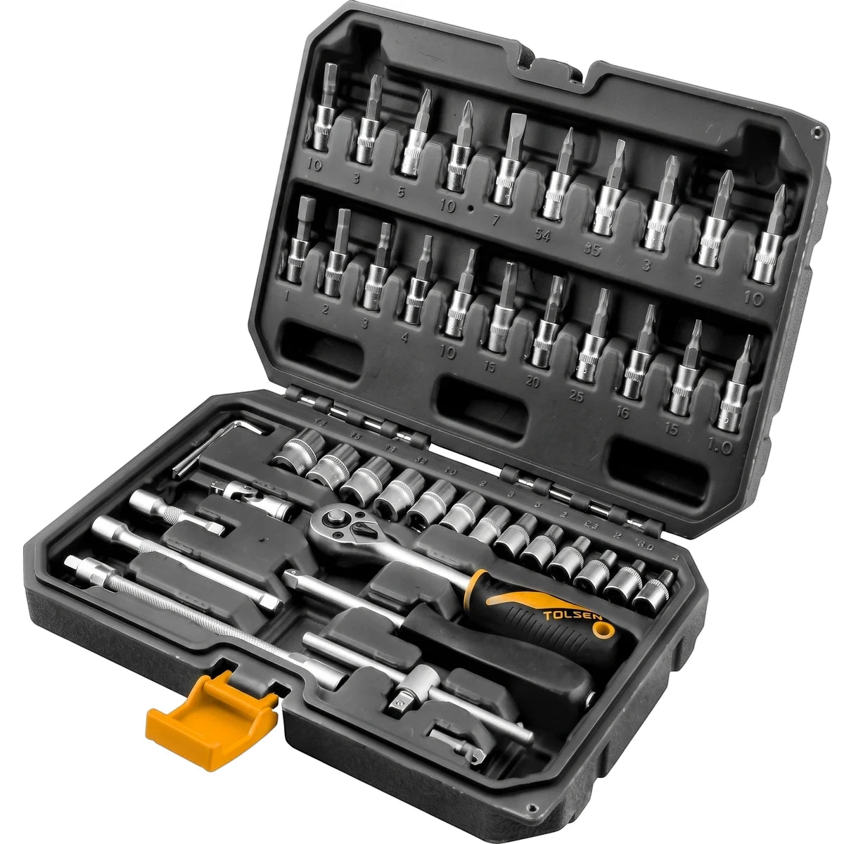 Tolsen 46-piece industrial socket set in an open black case, featuring a 1/4" drive and 4-14mm sockets.