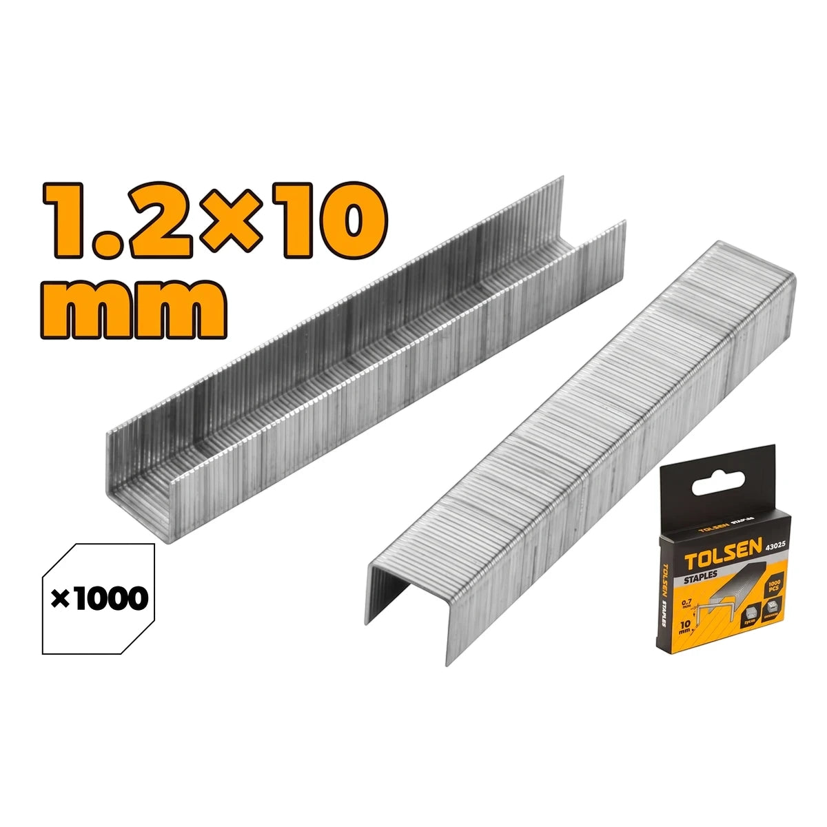 Two strips of Tolsen Industrial Staples, 1.2mm x 10mm, with a 1000-pack box, shown on a white background.
