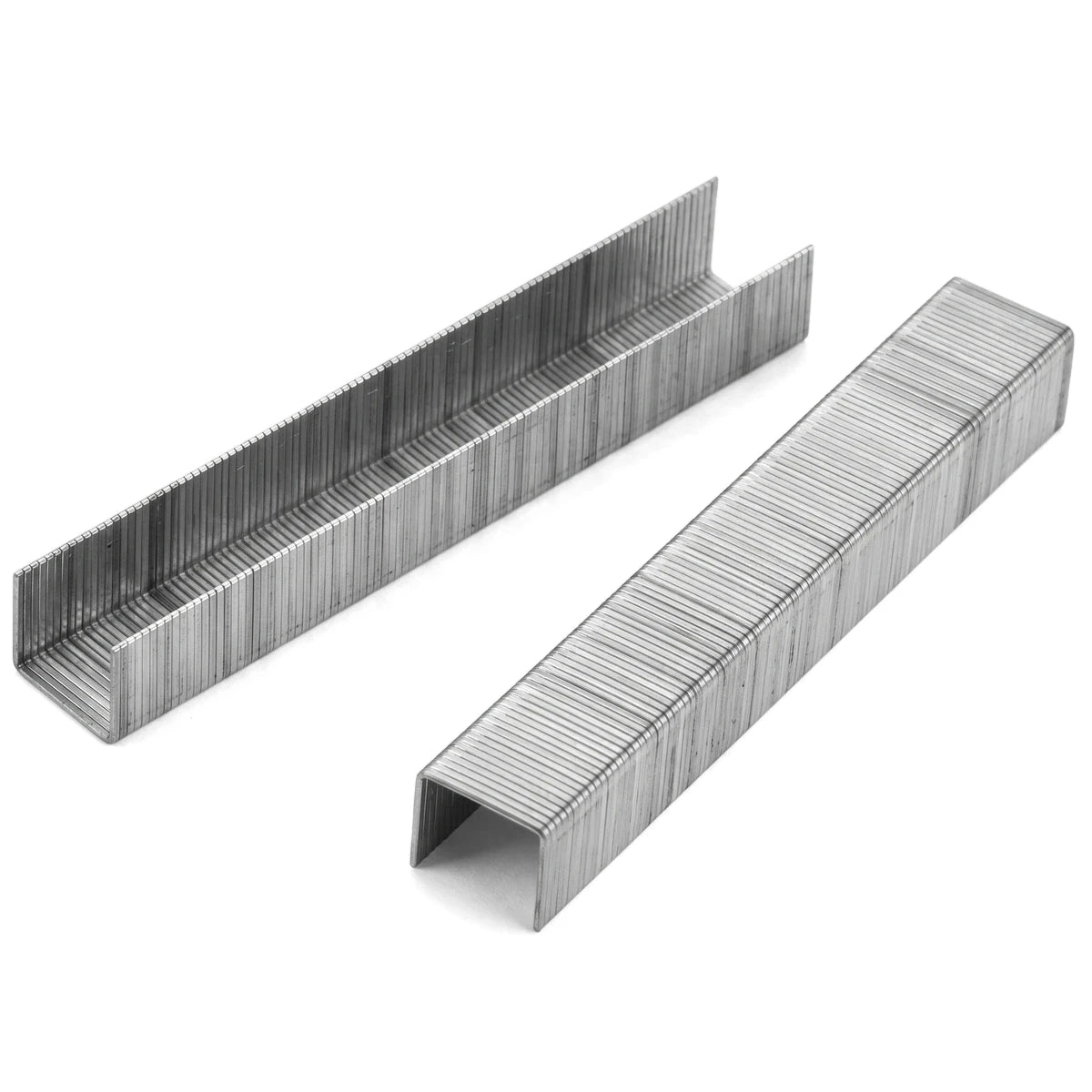Two rectangular strips of shiny silver Tolsen Industrial Staples, 8mm x 1.2mm, displayed from an elevated angle.