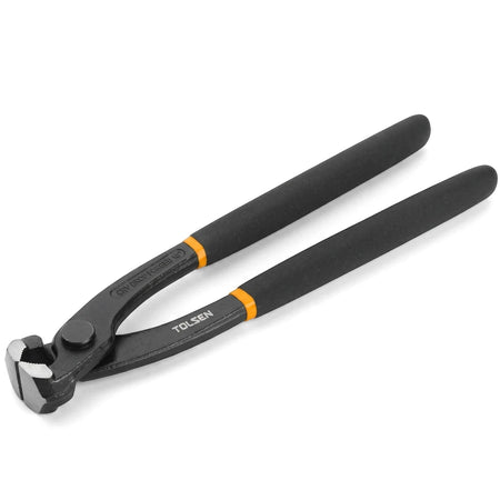 Tolsen 250mm Industrial Tower Pincers with black handles and orange accents, featuring serrated jaws and logo.